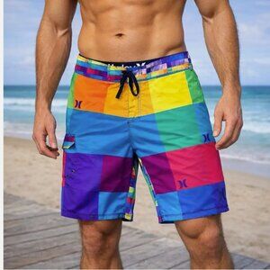 Hurley Men's Multicolor Colorblock Board Shorts Drawstring Pockets Size XL